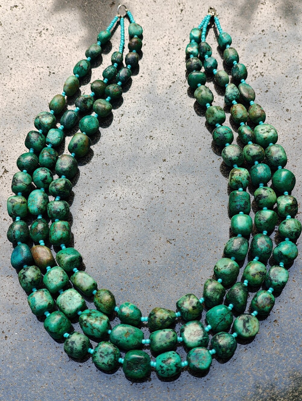 Vintage Southwestern Genuine Turquoise Triple Strand Necklace W/Silver 925 Clasp